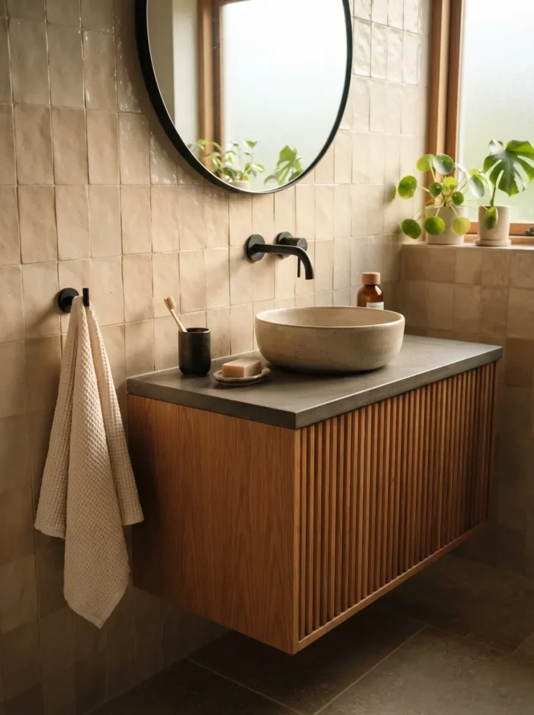 A single nature-inspired accent wall in a Japandi bathroom, soft geometric pattern, warm bathroom lighting, vertical Pinterest photography, warm accent-wall styling.