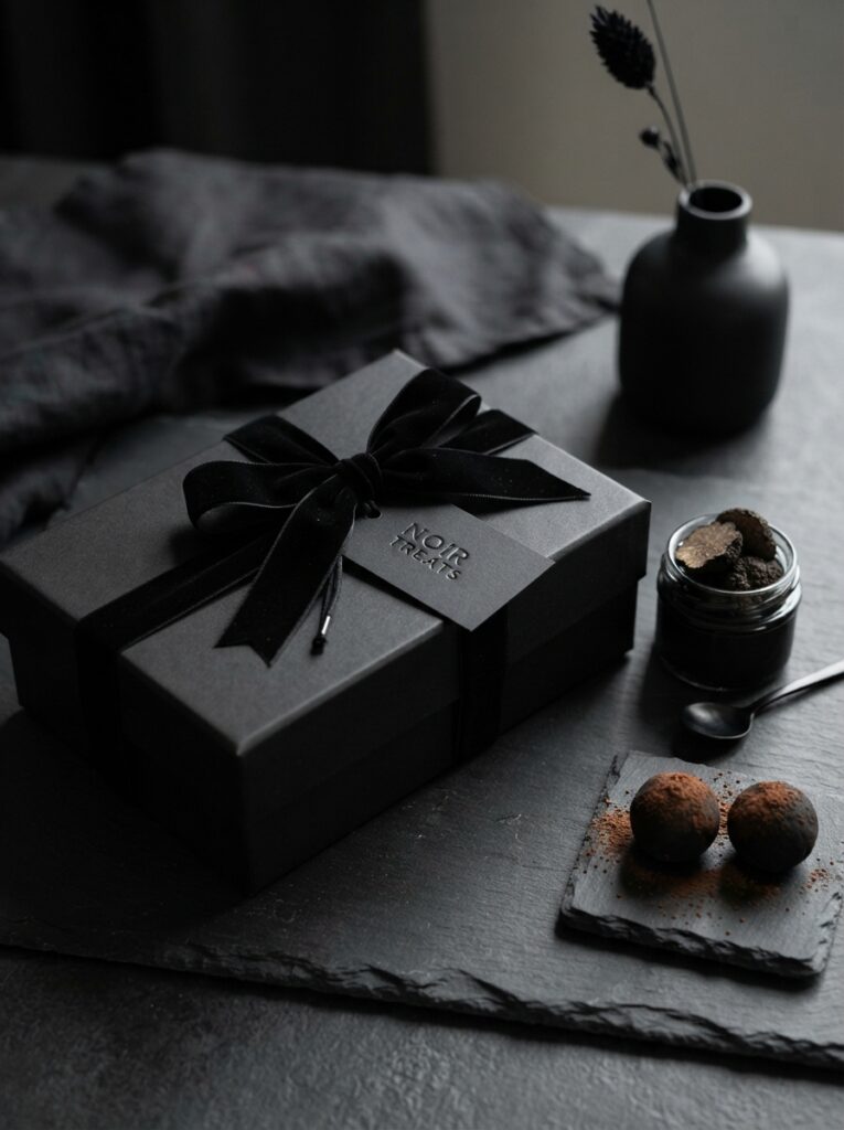A perfectly monochromatic treat bundle featuring a matte black box tied with black velvet ribbon and a black tag, resting on a dark slate surface, sophisticated lighting, vertical Pinterest photography, luxury blackout packaging styling.