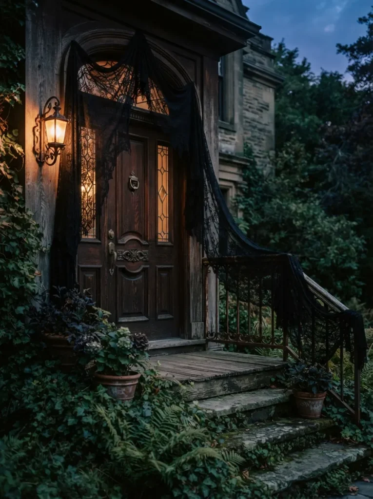 ![Tattered black lace fabric draped elegantly over a warm wooden front door and porch railing, softly diffusing the warm amber glow of a wall sconce, moody twilight, vertical Pinterest photography, romantic gothic mansion styling.]