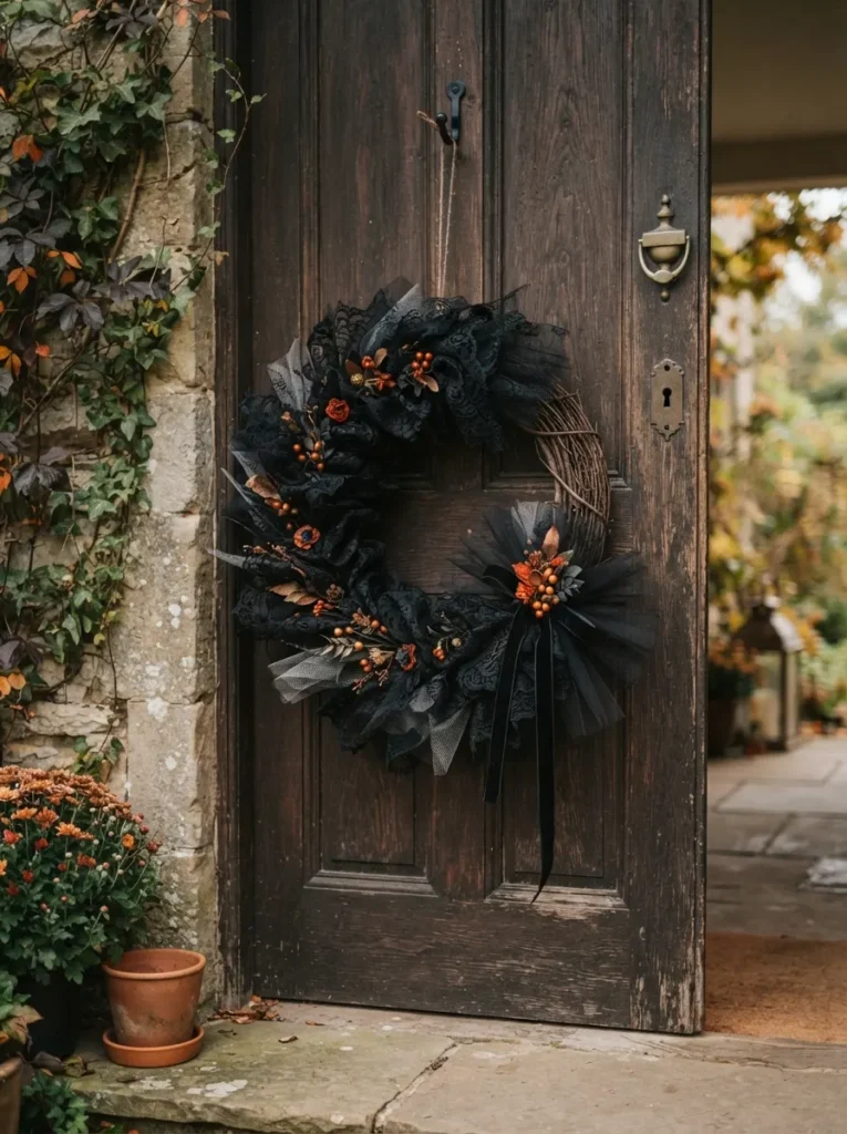 ![Black lace wreath with subtle orange accents hanging on a dark door, soft outdoor light, vertical Pinterest photography, lace-wreath-vintage styling.]
