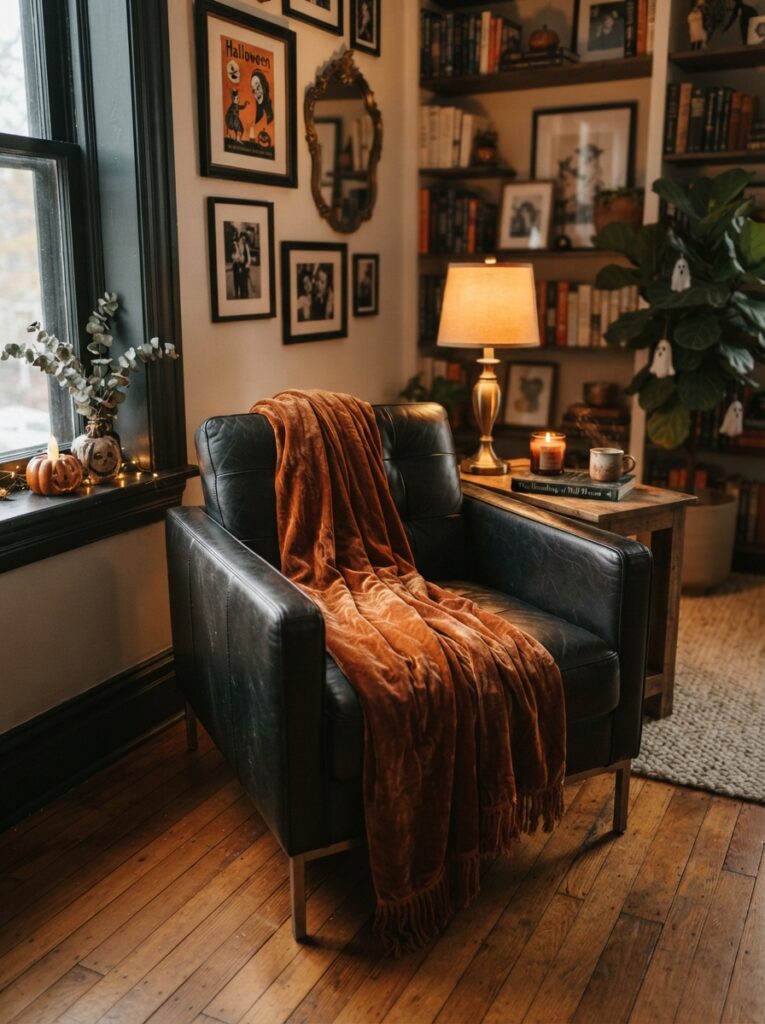 ![A sleek black leather armchair draped with a heavy, burnt-orange velvet throw blanket, warm ambient room lighting, rich textile contrast, vertical Pinterest photography, luxury interior Halloween styling.]