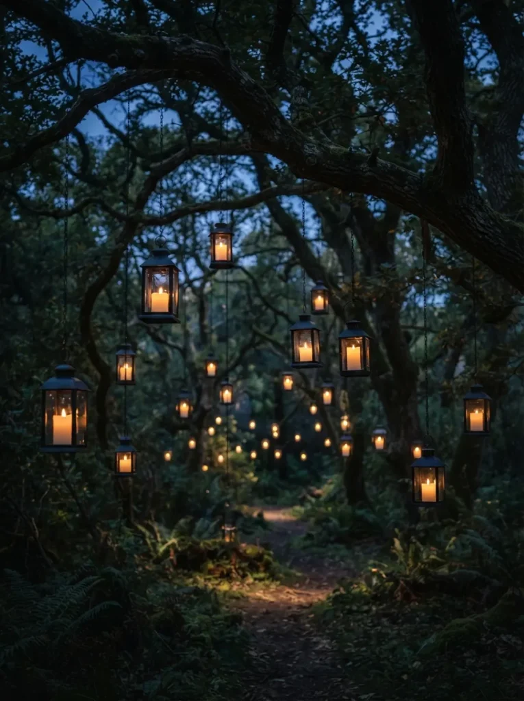 ![Black metal lanterns with LED pillar candles suspended from high oak tree branches by dark chains, appearing to float, moody evening lighting, vertical Pinterest photography, magical floating candle styling.]