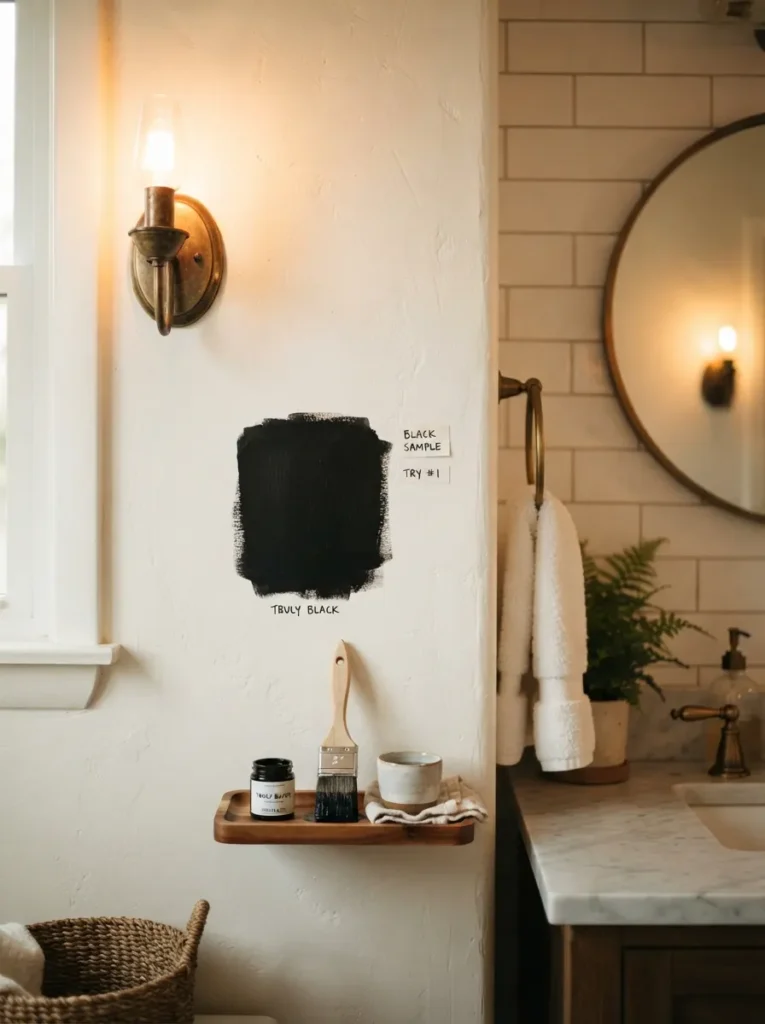 Black paint sample tested directly on a bathroom wall under real lighting, warm bathroom lighting, vertical Pinterest photography, warm sample-test styling.