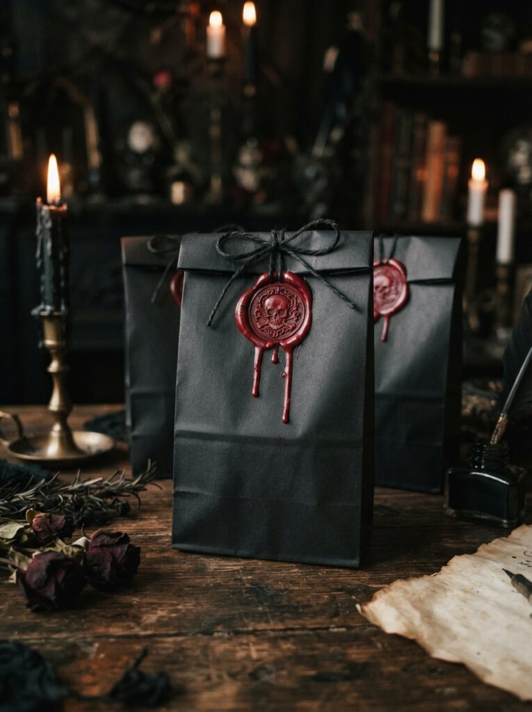 Matte black paper treat bags folded at the top and secured with a dripping, deep crimson red wax seal featuring a skull impression, moody ambient lighting, vertical Pinterest photography, gothic envelope styling.