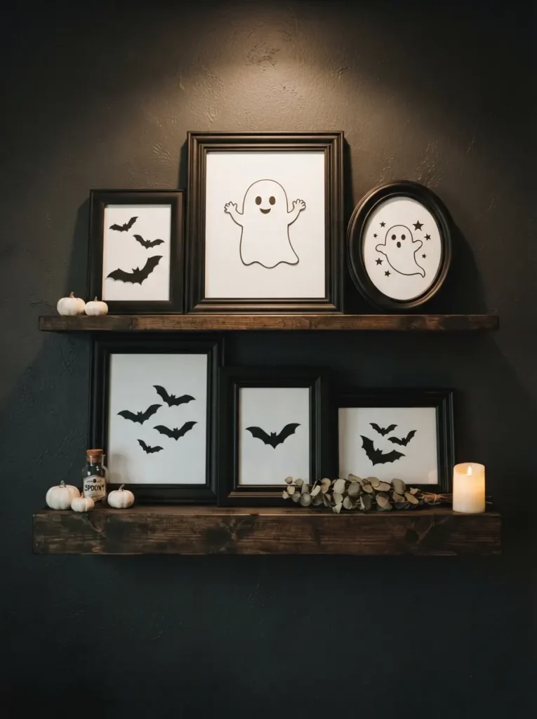 ![Black picture frames holding white ghost and bat silhouettes arranged on a dark shelf, soft spotlighting, vertical Pinterest photography, silhouette-frame-gallery styling.]
