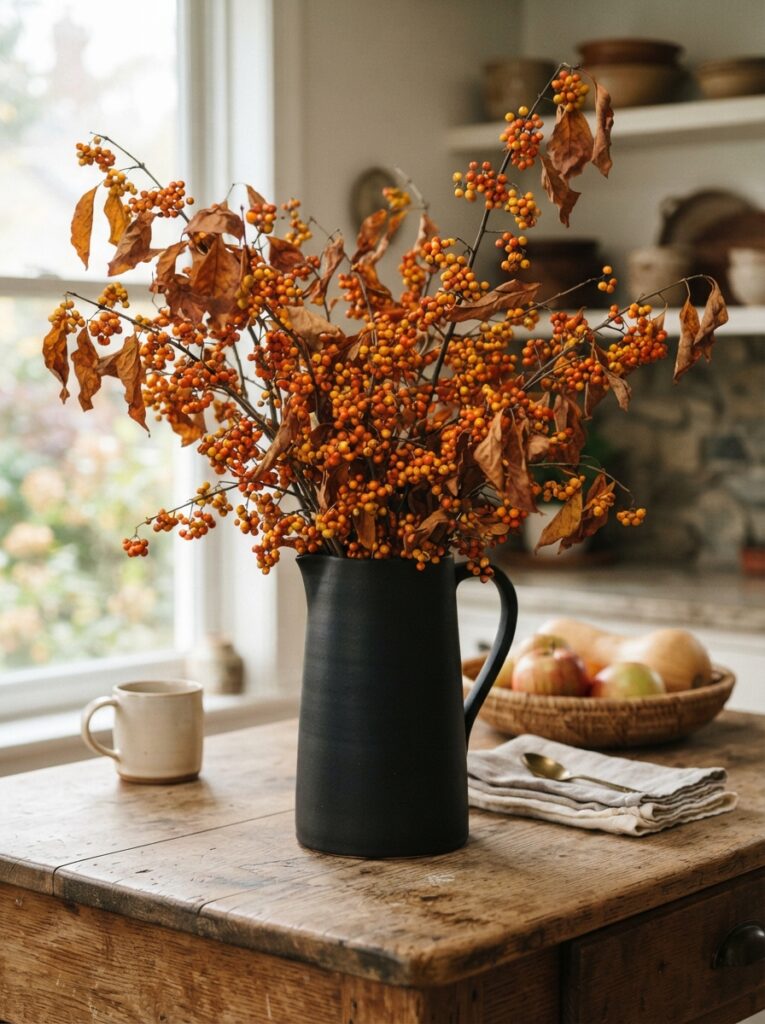 ![A tall matte black ceramic pitcher overflowing with wild bittersweet branches covered in vibrant orange berries, resting on a kitchen island, natural daylight, vertical Pinterest photography, organic harvest floral styling.]