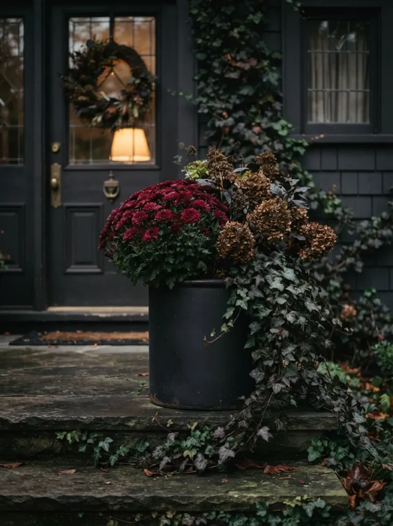 ![A dynamic swarm of 3D black paper bats sweeping diagonally across a white brick house exterior and around a black front door, creating an illusion of flight, crisp autumn daylight, vertical Pinterest photography, modern minimalist Halloween styling.]
