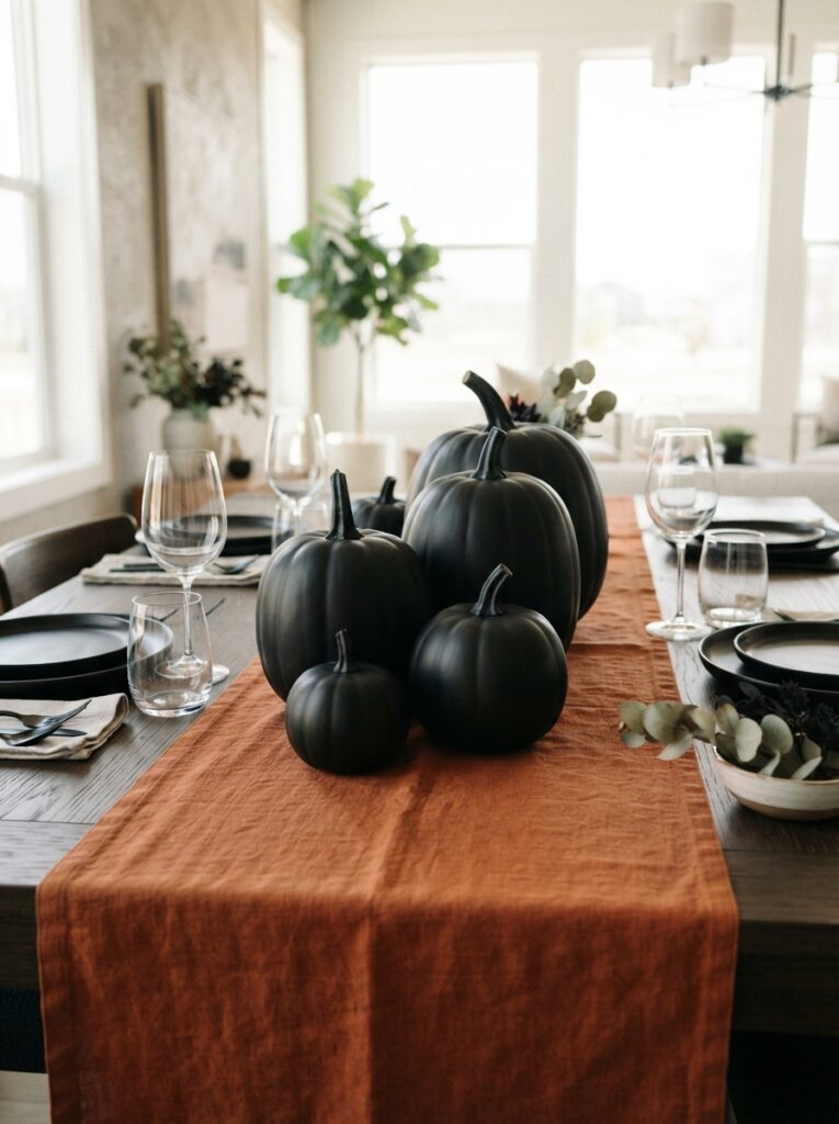 ![Highly realistic feathered faux black crows perched menacingly within a lush mantel garland of vibrant orange autumn leaves and dried wheat, warm fireplace glow, vertical Pinterest photography, classic Edgar Allan Poe styling.]