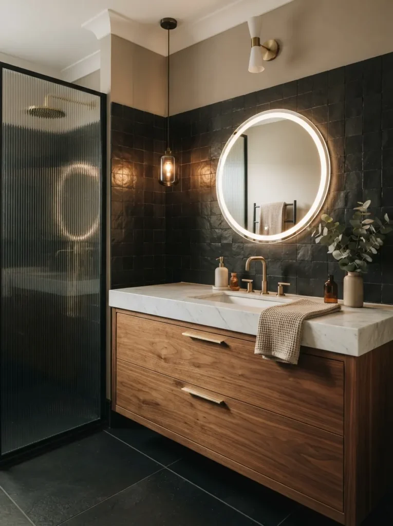 Black tile paired with warm wood cabinetry in a bathroom, balanced elegant look, warm bathroom lighting, vertical Pinterest photography, warm black-tile-wood styling.