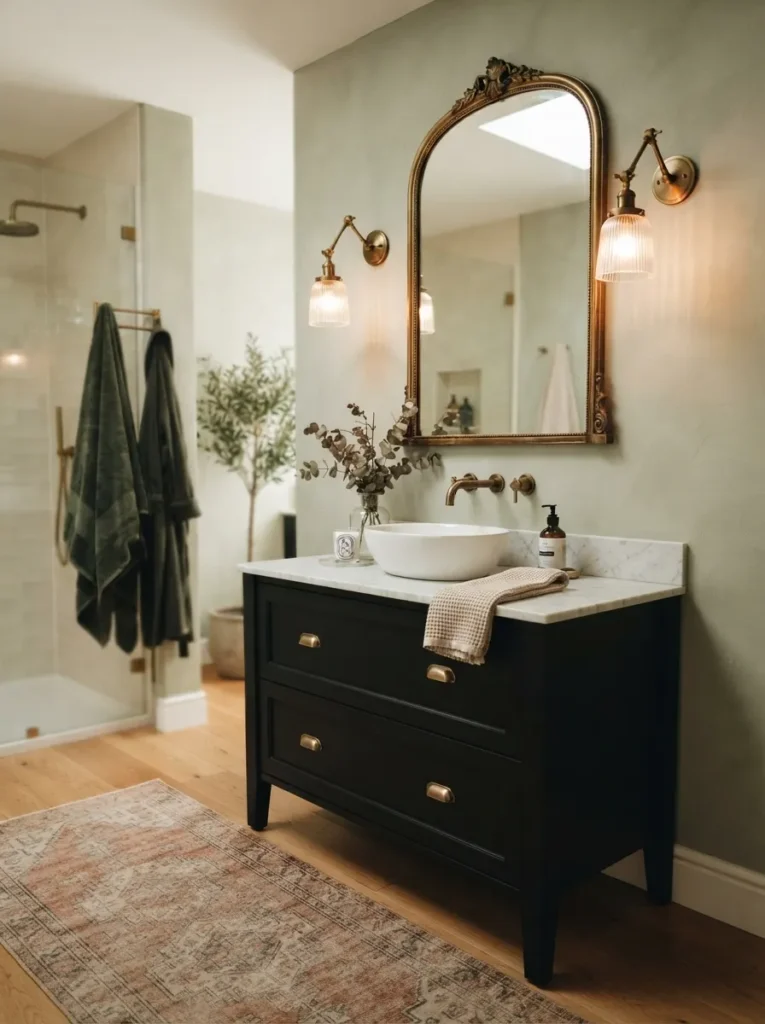A black vanity anchoring a bathroom with soft muted walls, dramatic focal point without full commitment, warm bathroom lighting, vertical Pinterest photography, warm black-vanity-anchor styling.
