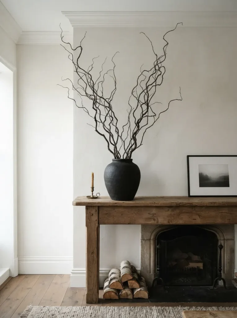 ![A heavy matte black ceramic vase on a mantel holding tall, twisted bare branches reaching toward the ceiling, stark and sculptural, crisp daylight, vertical Pinterest photography, sleepy hollow minimalist styling.]
