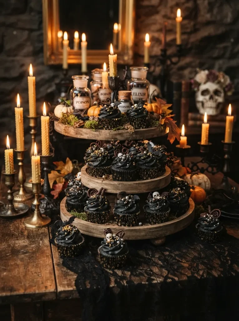 ![Gothic black velvet Halloween cupcakes with deep black buttercream, gold sprinkles, edible silver pearls, dark chocolate curls, and candlelit dessert table, vertical Pinterest photography.]