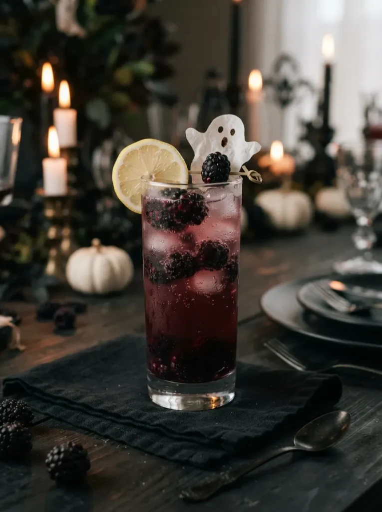A mysterious purple Halloween witch's brew mocktail served in a vintage clear glass, rich deep-purple drink with sparkling bubbles, floating blueberries and blackberries, fresh rosemary garnish, dark rustic Halloween table with small pumpkins, black candles and wisps of decorative fog in the background, moody purple and warm amber lighting, realistic food photography, vertical Pinterest composition, no text.