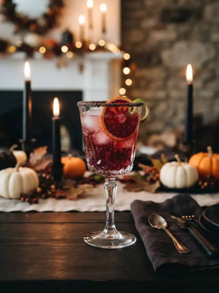 Elegant Halloween blood orange mocktail served in a clear stemmed glass, deep ruby-red citrus drink with sparkling bubbles, fresh blood orange wheel and lime garnish, clear ice cubes, dark elegant Halloween table with black candles, small pumpkins and autumn leaves, moody warm candlelight, sophisticated yet family-friendly atmosphere, realistic cocktail photography, vertical Pinterest composition, no text.