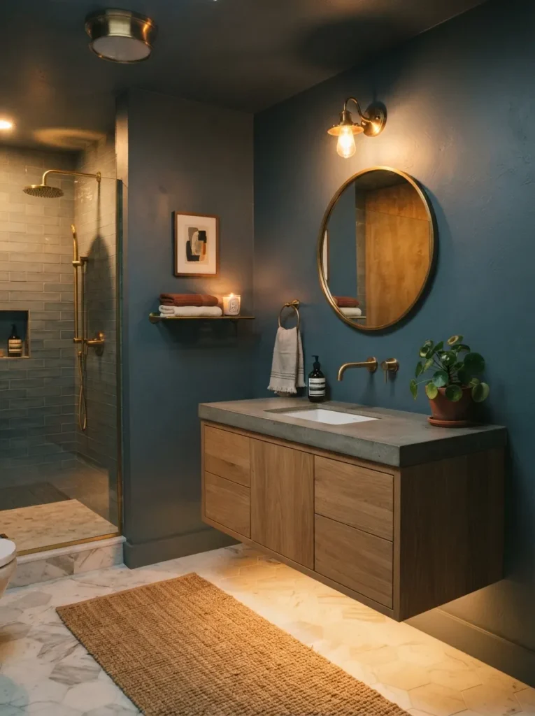 ![A blue-gray bathroom without natural light, calm appearance under artificial lighting, warm bathroom lighting, vertical Pinterest photography, warm blue-gray styling.]