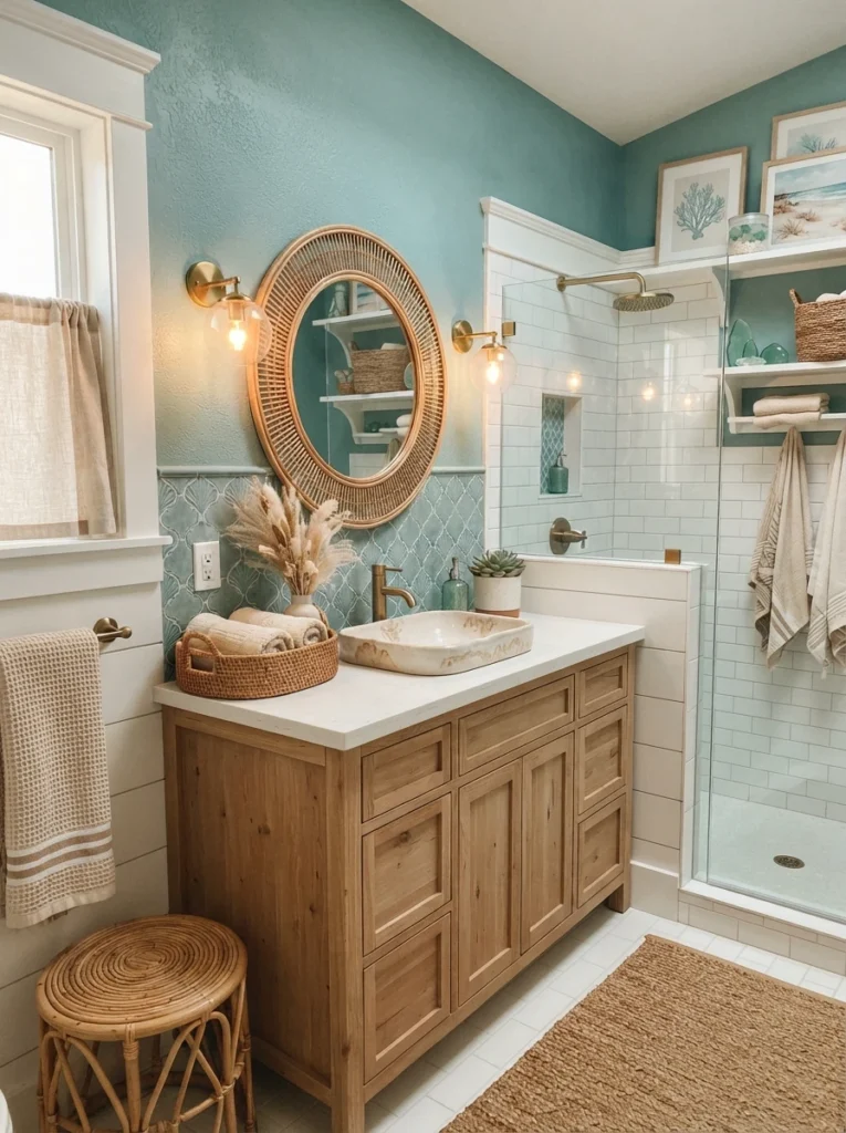 A blue-green bathroom with a coastal sea-glass feel, white trim and rattan accents, warm bathroom lighting, vertical Pinterest photography, warm coastal-green styling.