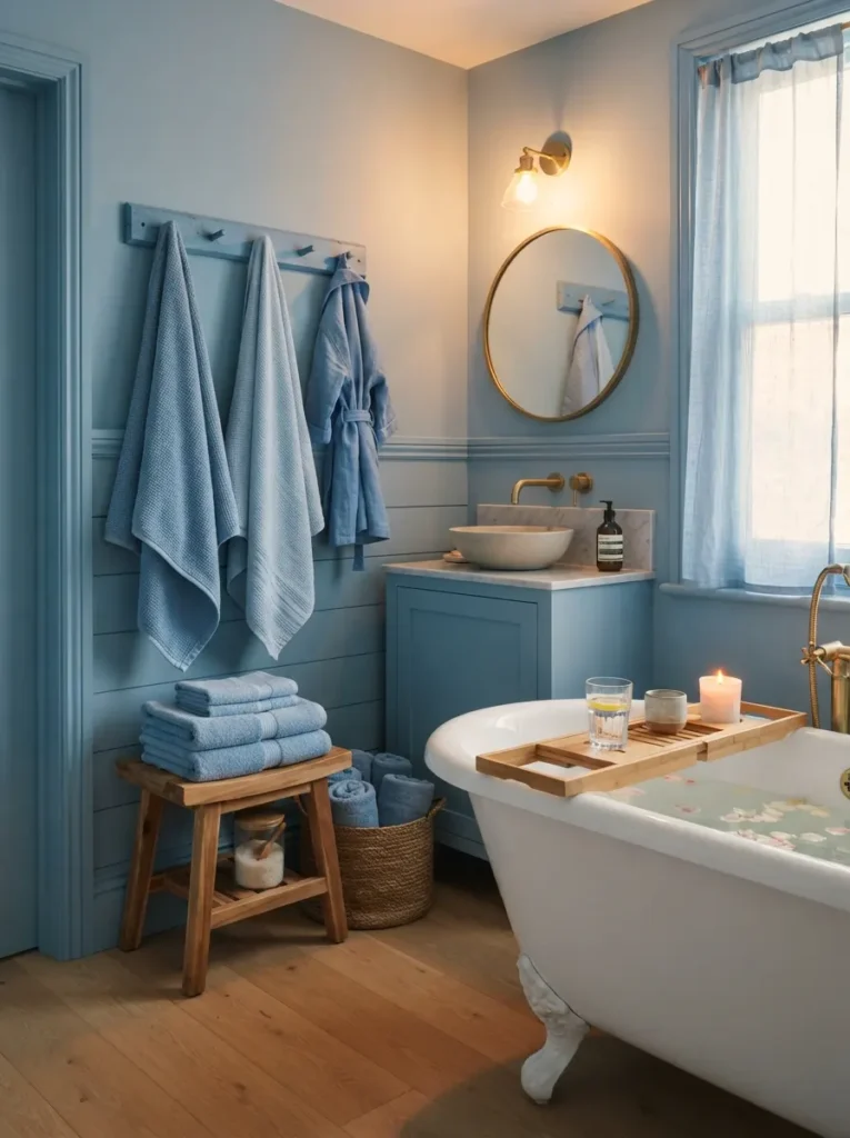 ![A bathroom with wall, trim, and towels all kept within one tight tonal band of blue, spa-like calm throughout, warm bathroom lighting, vertical Pinterest photography, warm tonal-band styling.]