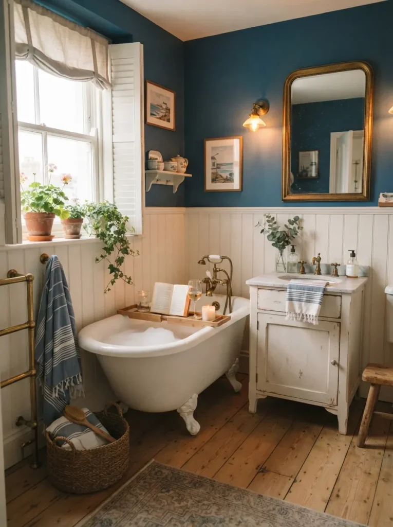 ![A French blue bathroom with white beadboard walls, coastal-cottage charm, warm bathroom lighting, vertical Pinterest photography, warm french-blue styling.]