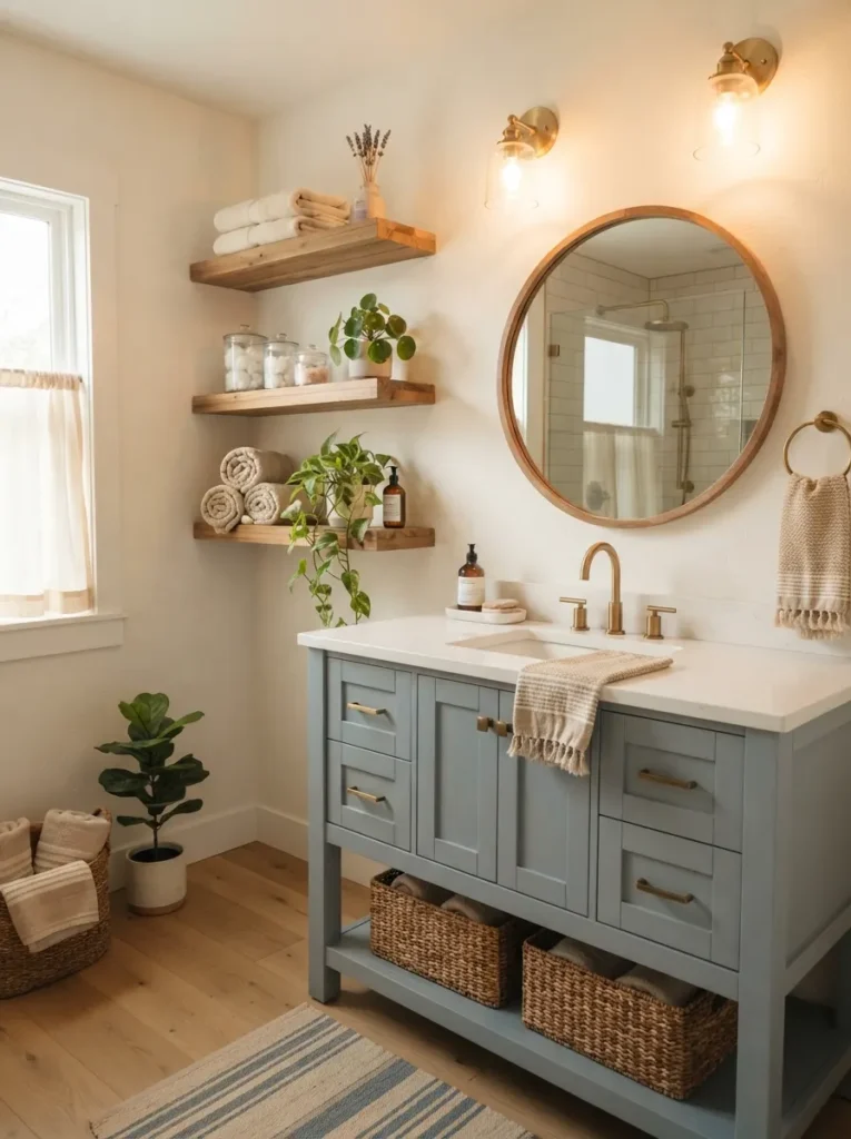 ![Soft blue cabinetry paired with natural wood shelving and greenery, warm coastal feel, warm bathroom lighting, vertical Pinterest photography, warm coastal-warmth styling.]