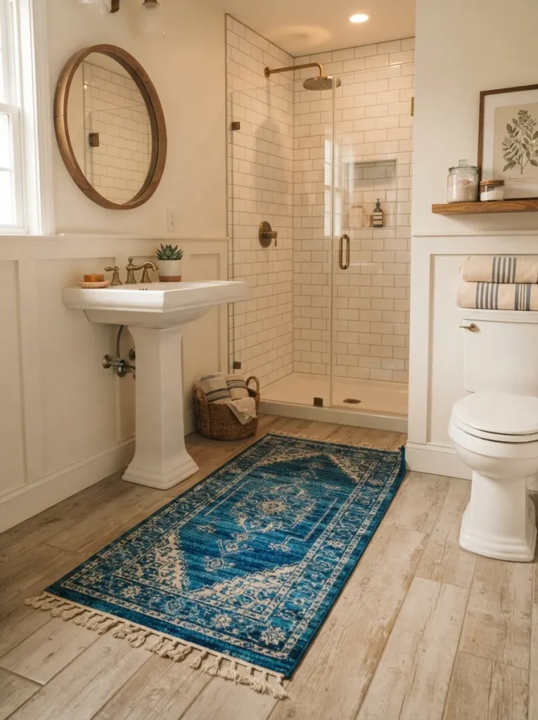 ![A blue rug on a bathroom floor, adding color without changing the flooring, warm bathroom lighting, vertical Pinterest photography, warm blue-rug styling.]