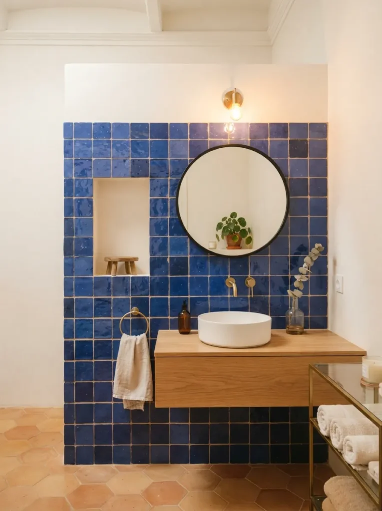 ![Bold cobalt blue tile in a bathroom, quiet white walls surrounding it, warm bathroom lighting, vertical Pinterest photography, warm tile-saturation styling.]