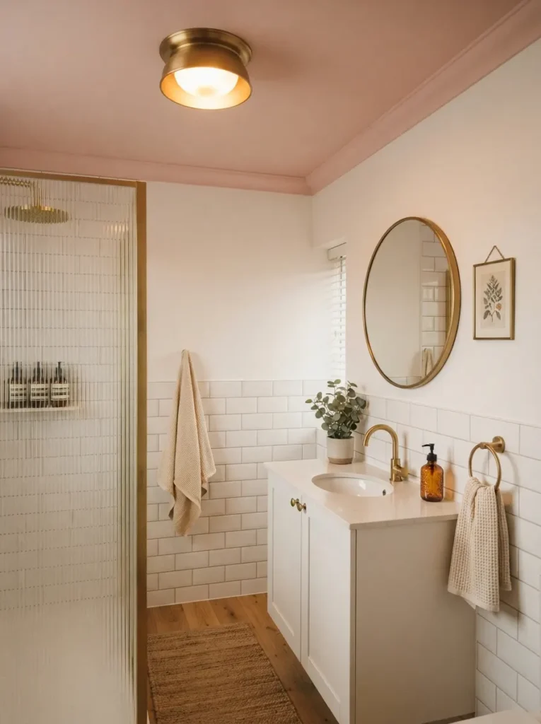 ![A blush pink ceiling in a bathroom with otherwise white walls, low-risk color statement, warm bathroom lighting, vertical Pinterest photography, warm blush-ceiling styling.]