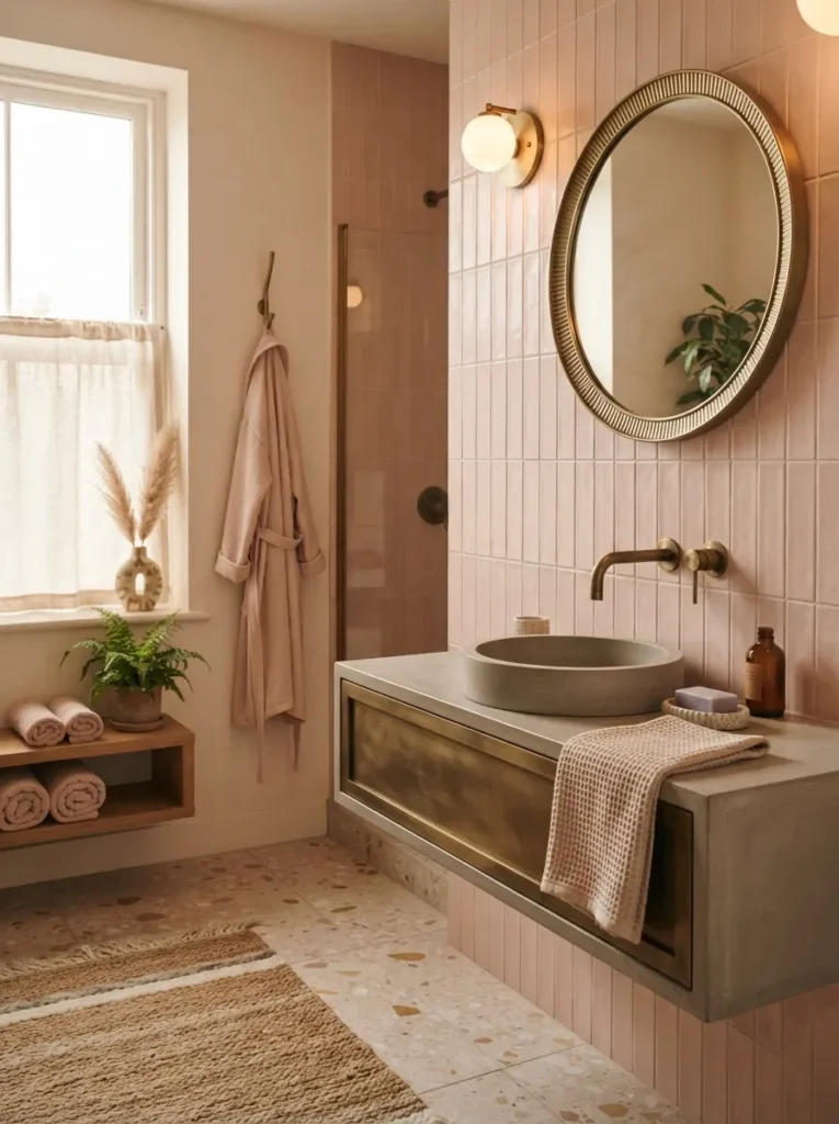 ![Soft blush tile paired with warm brass fixtures in a bathroom, elevated grounded feel, warm bathroom lighting, vertical Pinterest photography, warm blush-brass-pairing styling.]