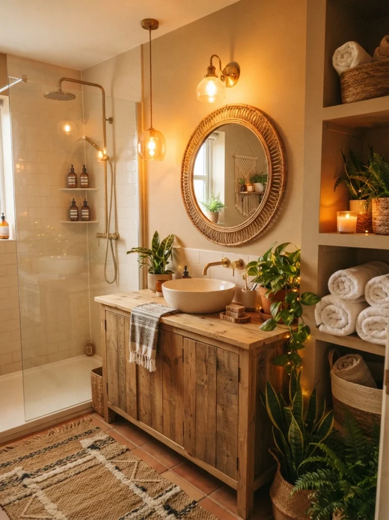 Warm-toned lighting throughout a boho bathroom, complementing wood and greenery, warm bathroom lighting, vertical Pinterest photography, warm lighting-consistency styling.
