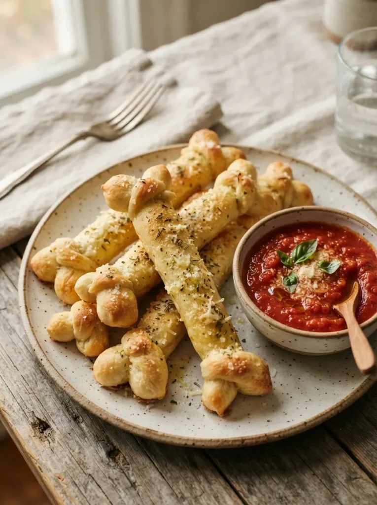 ![Golden baked breadsticks tied with small knots at the ends to resemble realistic bones, brushed with garlic butter and parmesan, served next to a bowl of red marinara, vertical Pinterest photography, clever bone breadstick styling.]