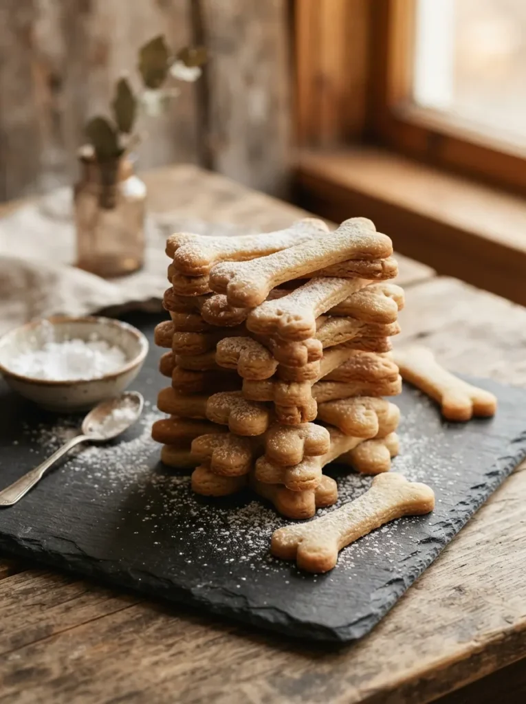 ![Sugar cookie dough rolled and baked into realistic bone shapes, lightly dusted with powdered sugar, stacked neatly on a dark slate board, warm ambient lighting, vertical Pinterest photography, clever bone cookie styling.]