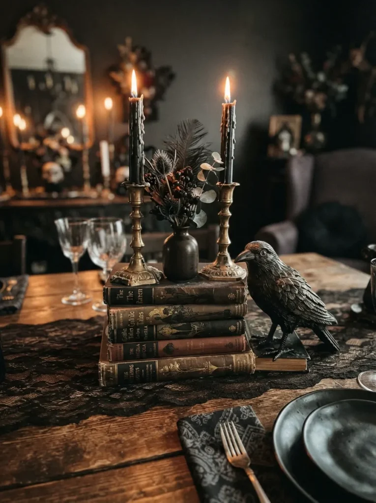 ![A Halloween table centerpiece made from ivory, black, and burnt-orange pumpkins arranged around glowing glass votive candles, elegant dinner party atmosphere, warm autumn lighting, vertical Pinterest photography.]