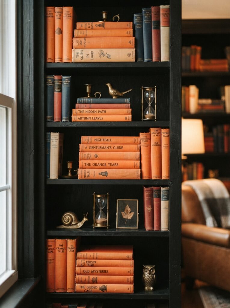 ![A dark black-painted bookshelf styled with horizontal stacks of vintage hardcover books featuring bright orange cloth spines, interspersed with small brass objects, cozy library lighting, vertical Pinterest photography, classic literary styling.]