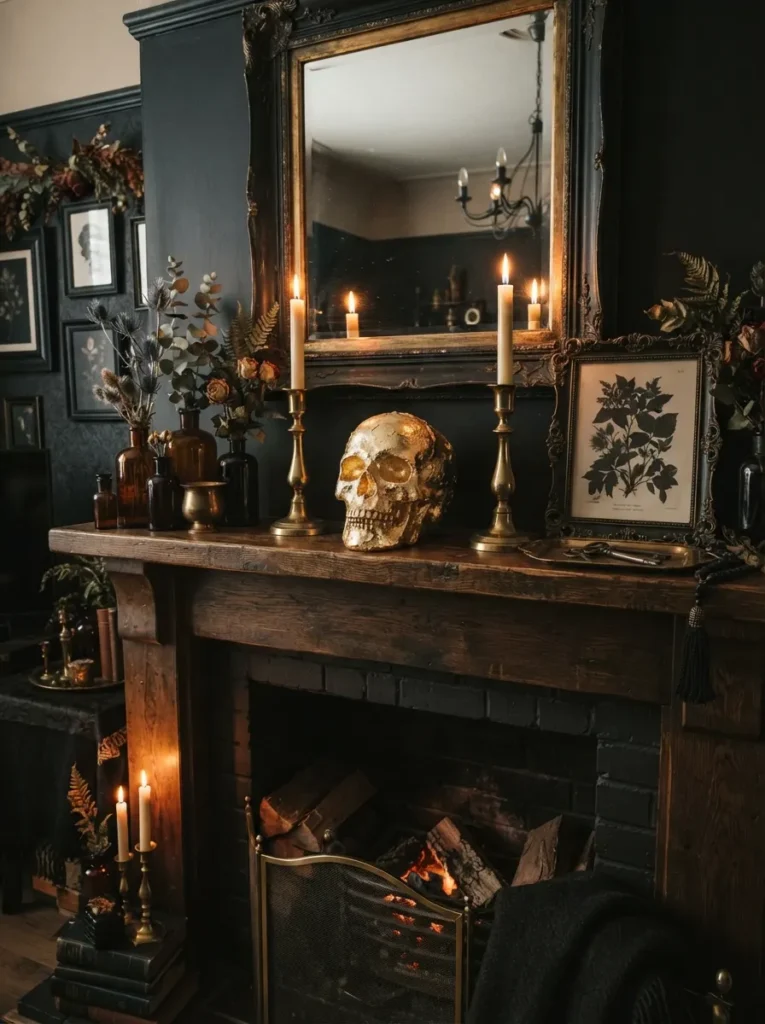 ![A dark moody mantel display punctuated by gleaming brass candlesticks and a subtle gold-leafed decorative skull, reflecting warm room light, vertical Pinterest photography, glamorous gothic styling.]