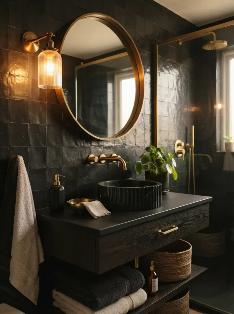 Warm brass fixtures paired with black surfaces in a bathroom, balancing the darkness, warm bathroom lighting, vertical Pinterest photography, warm brass-black-pairing styling.