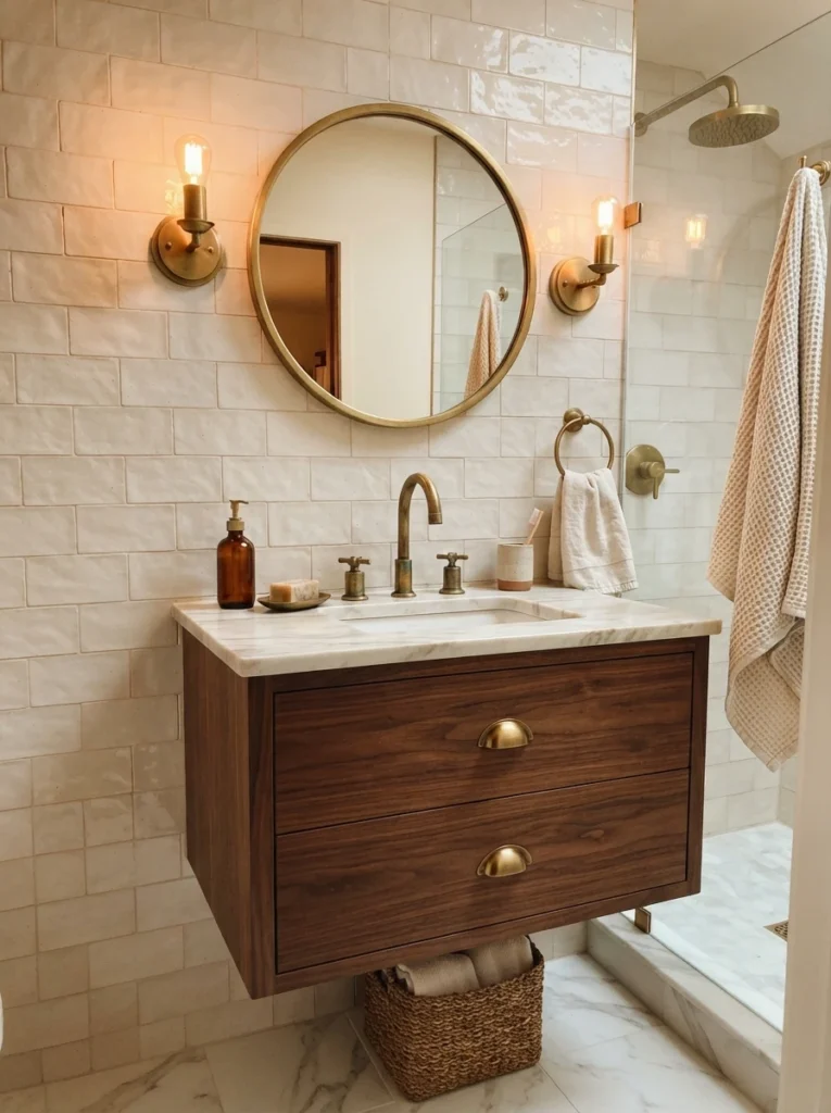 Unlacquered brass fixtures in a small bathroom, replacing dated shiny brass hardware, warm bathroom lighting, vertical Pinterest photography, warm unlacquered-brass styling.