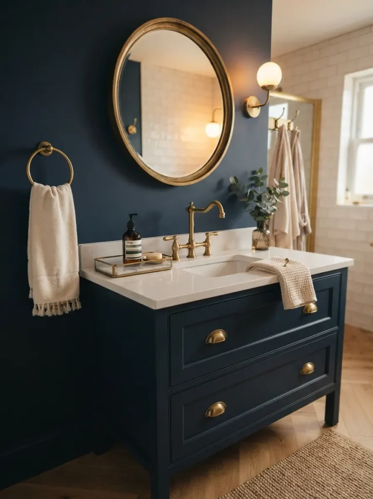 ![Brass hardware paired with a navy blue bathroom, softening the drama of the dark color, warm bathroom lighting, vertical Pinterest photography, warm brass-navy-pairing styling.]