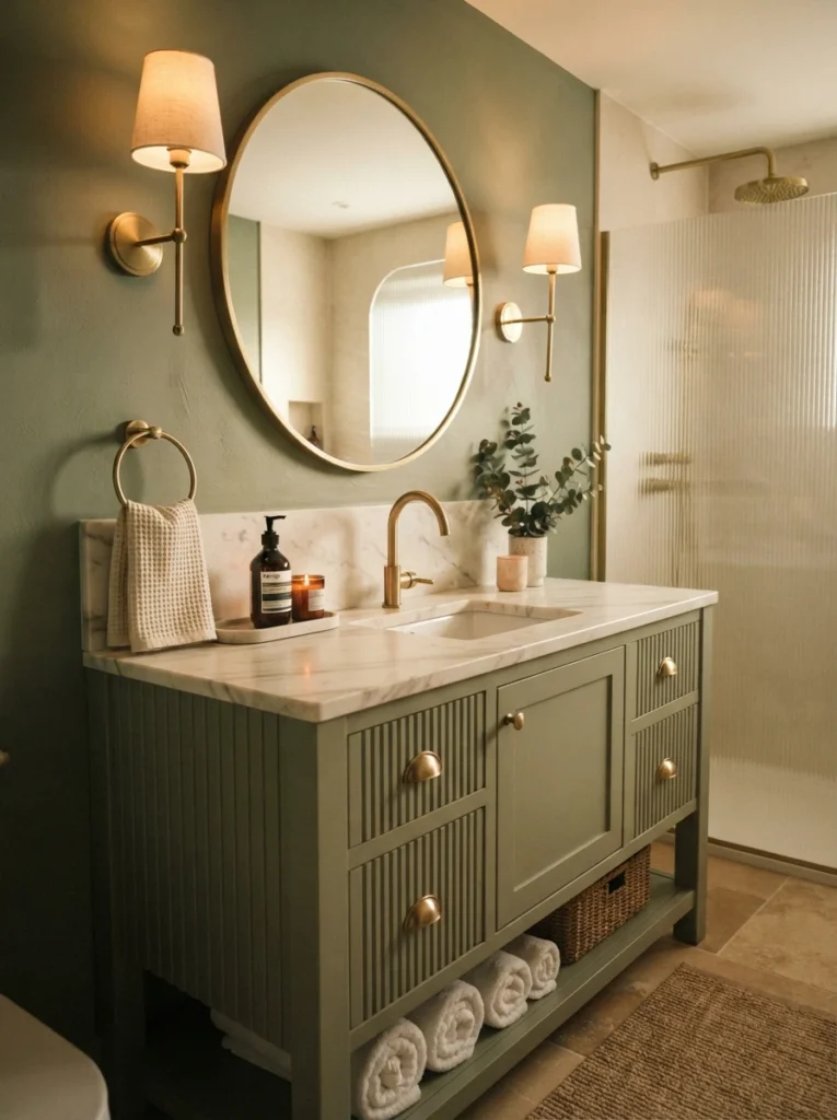 Brushed brass hardware paired with sage green walls in a bathroom, soft luxury-hotel feeling, warm bathroom lighting, vertical Pinterest photography, warm sage-brass-pairing styling.