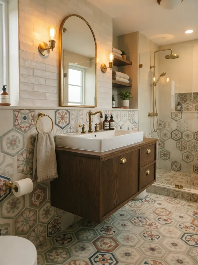 ![Brass hardware tying together a patterned hex tile bathroom, cohesive intentional look, warm bathroom lighting, vertical Pinterest photography, warm brass-tile-pairing styling.]