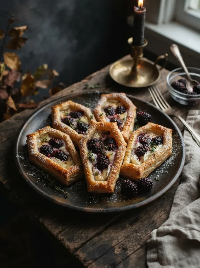 ![Small coffin-shaped puff pastry tarts filled with melted brie and roasted dark blackberries, golden brown edges, moody evening lighting, vertical Pinterest photography, gothic pastry styling.]