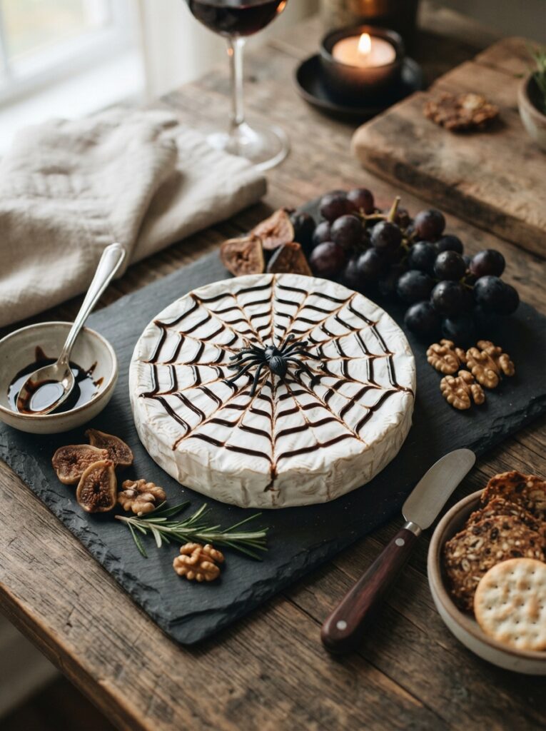 ![A wheel of soft brie cheese decorated with a delicate spiderweb piped in dark balsamic glaze, resting on a slate board with a single plastic spider, vertical Pinterest photography, chic spiderweb brie styling.]
