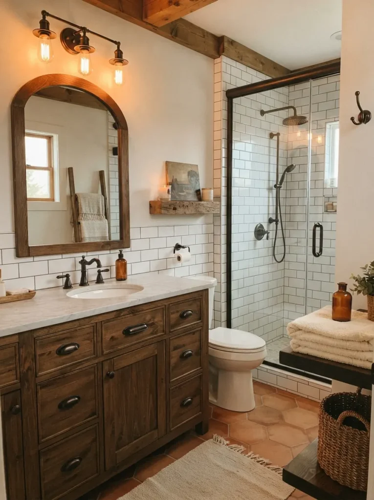 ![Oil-rubbed bronze hardware installed throughout a farmhouse bathroom, warm bathroom lighting, vertical Pinterest photography, warm bronze-hardware styling.]