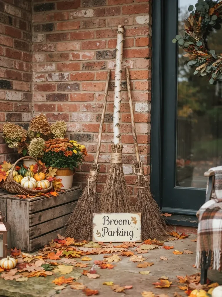 ![A cozy porch corner featuring a cluster of three rustic, natural-bristle witch brooms leaning against a brick wall next to a small wooden 'Broom Parking' sign, scattered autumn leaves, vertical Pinterest photography, charming harvest styling.]