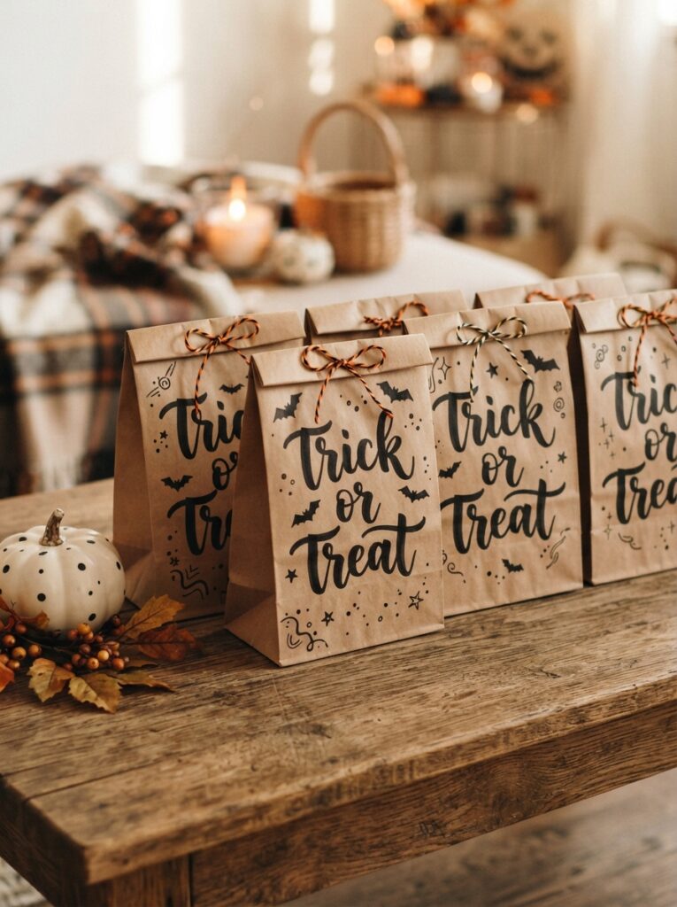 Brown kraft paper bags featuring the words 'Trick or Treat' written beautifully in thick black brush-pen calligraphy, perfectly imperfect, warm ambient lighting, vertical Pinterest photography, hand-lettered parcel styling.