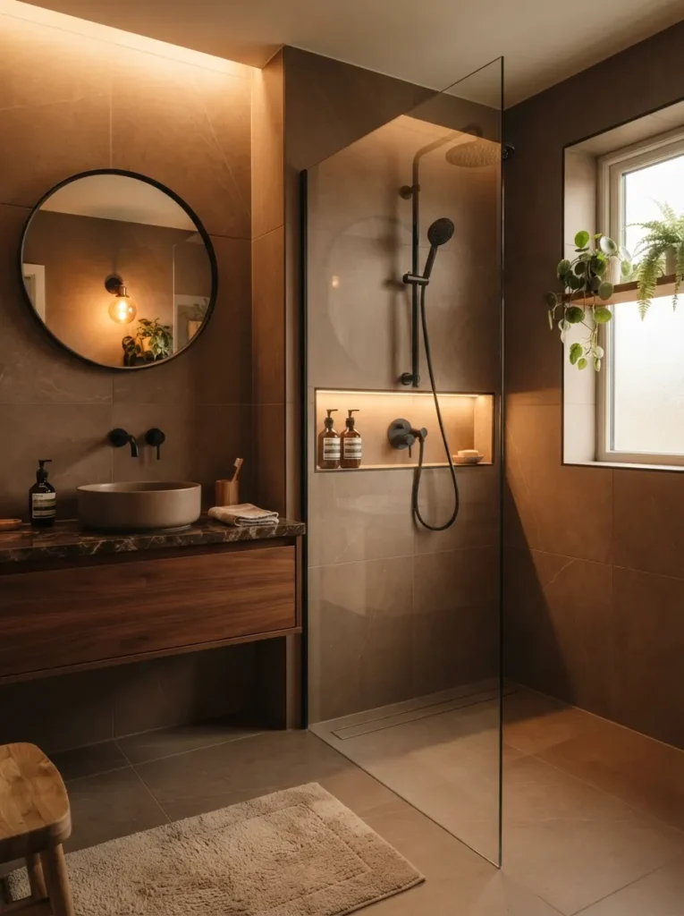 ![Large-format brown tile in a bathroom, clean seamless appearance, warm bathroom lighting, vertical Pinterest photography, warm large-format-brown styling.]