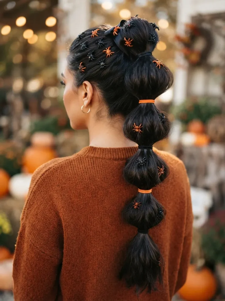 Dramatic Halloween bubble ponytail with evenly spaced sections, black and orange elastics, tiny spider hair clips, glossy textured hair, vertical Pinterest beauty photography.