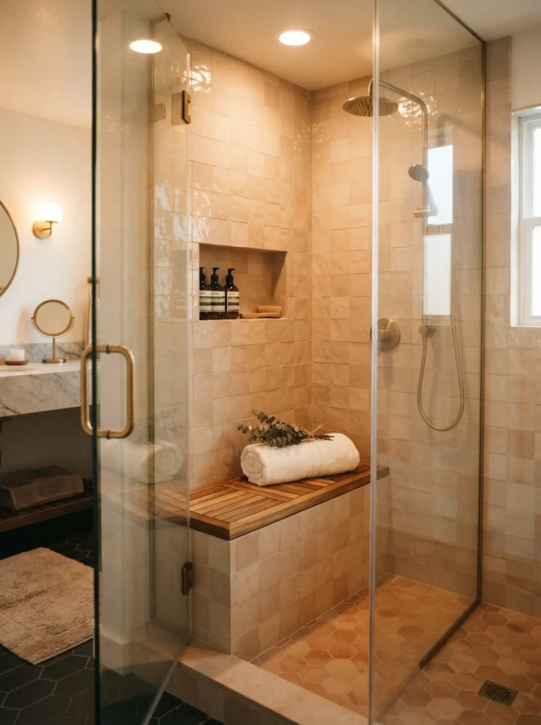 A built-in bench inside a small walk-in shower, providing a functional seating spot, warm bathroom lighting, vertical Pinterest photography, warm built-in-bench styling.