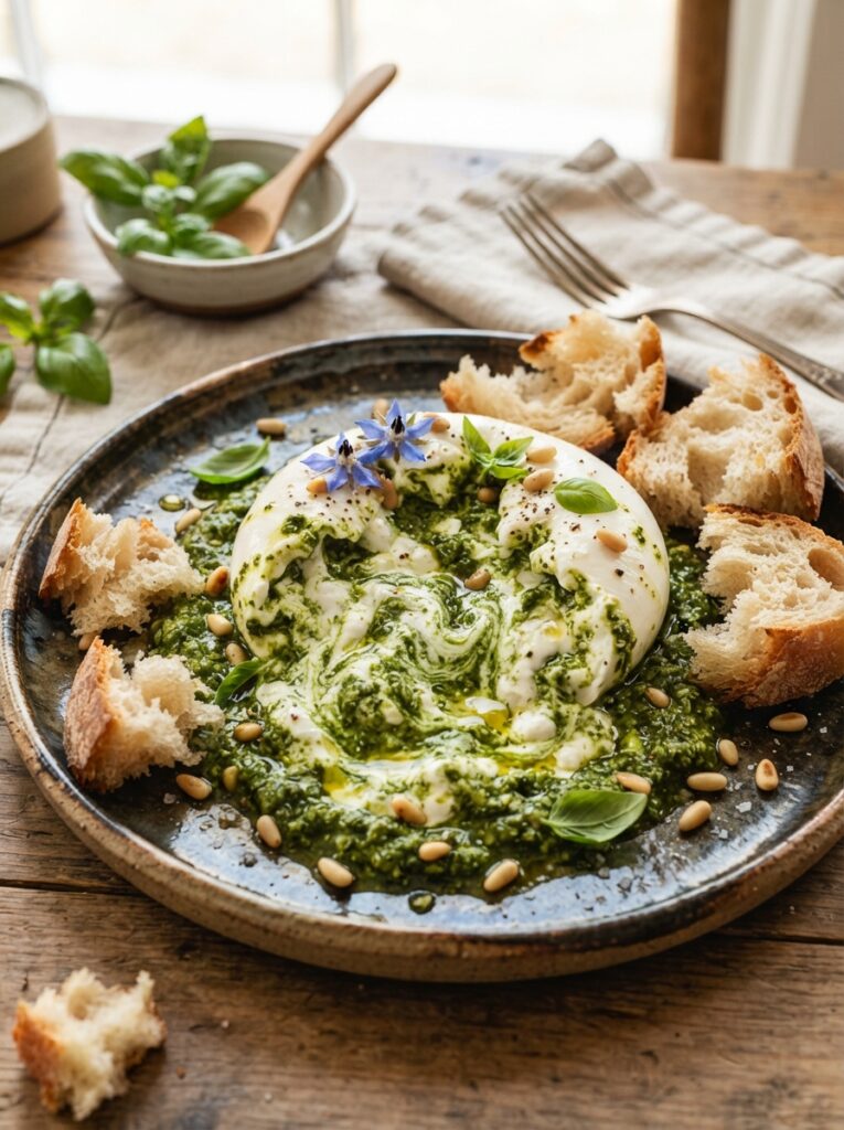 ![A large ball of fresh burrata torn open, its creamy center heavily swirled with bright green basil pesto to resemble a vibrant swamp, surrounded by crusty bread, crisp lighting, vertical Pinterest photography, swampy burrata styling.]