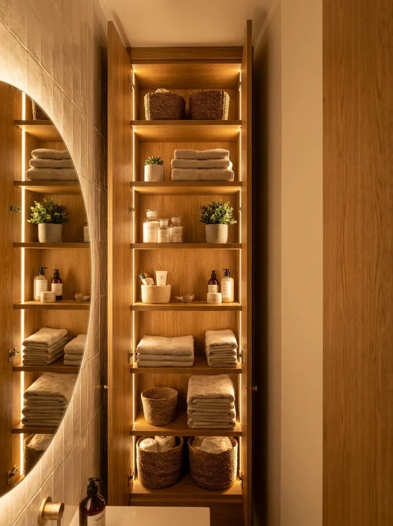 A tall slim cabinet fitted into a narrow bathroom corner, adjustable shelves visible, warm bathroom lighting, vertical Pinterest photography, warm slim-cabinet styling.