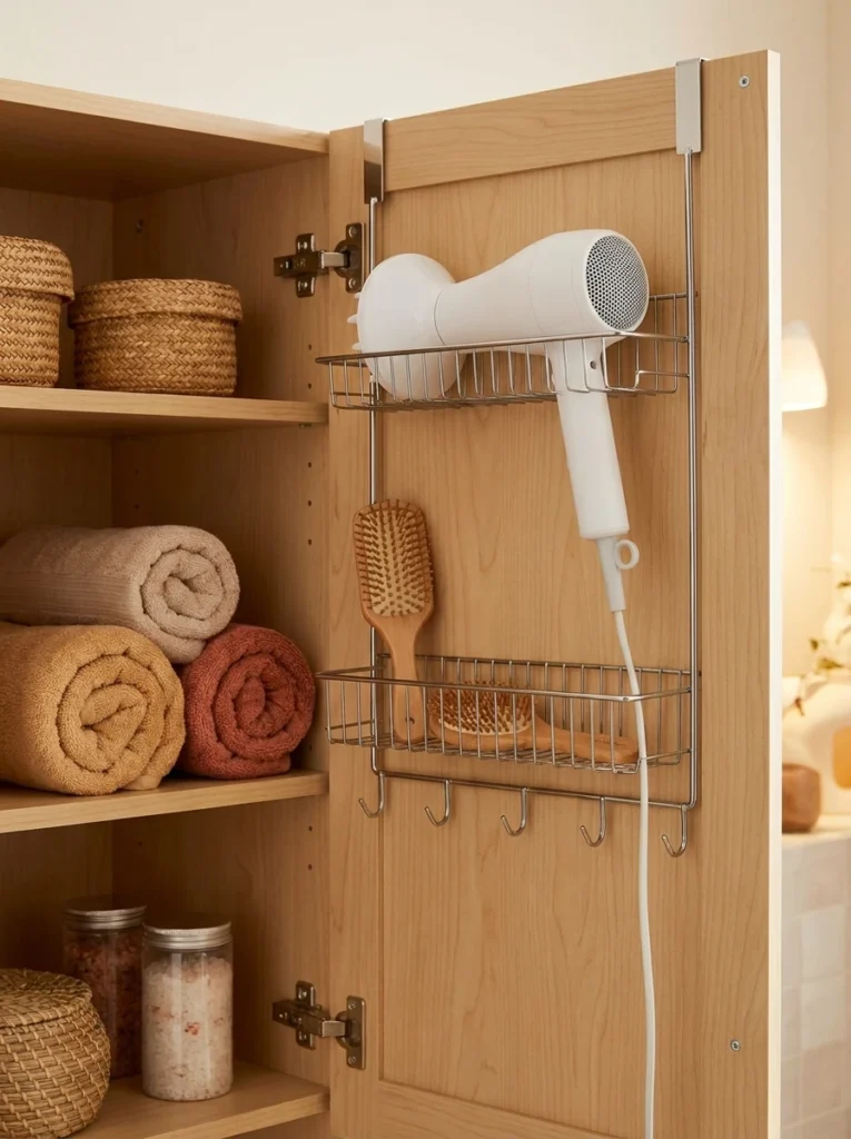 An over-the-cabinet-door organizer inside a bathroom cabinet, holding a hair dryer and brushes, warm bathroom lighting, vertical Pinterest photography, warm door-organized styling.
