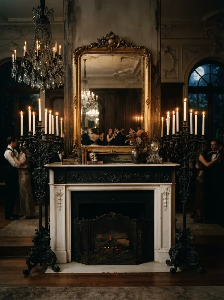 ![Two heavy, ornate black metal multi-arm candelabras framing the ends of a white fireplace mantel, holding tall white taper candles, formal and grand, warm evening light, vertical Pinterest photography, haunted ballroom styling.]